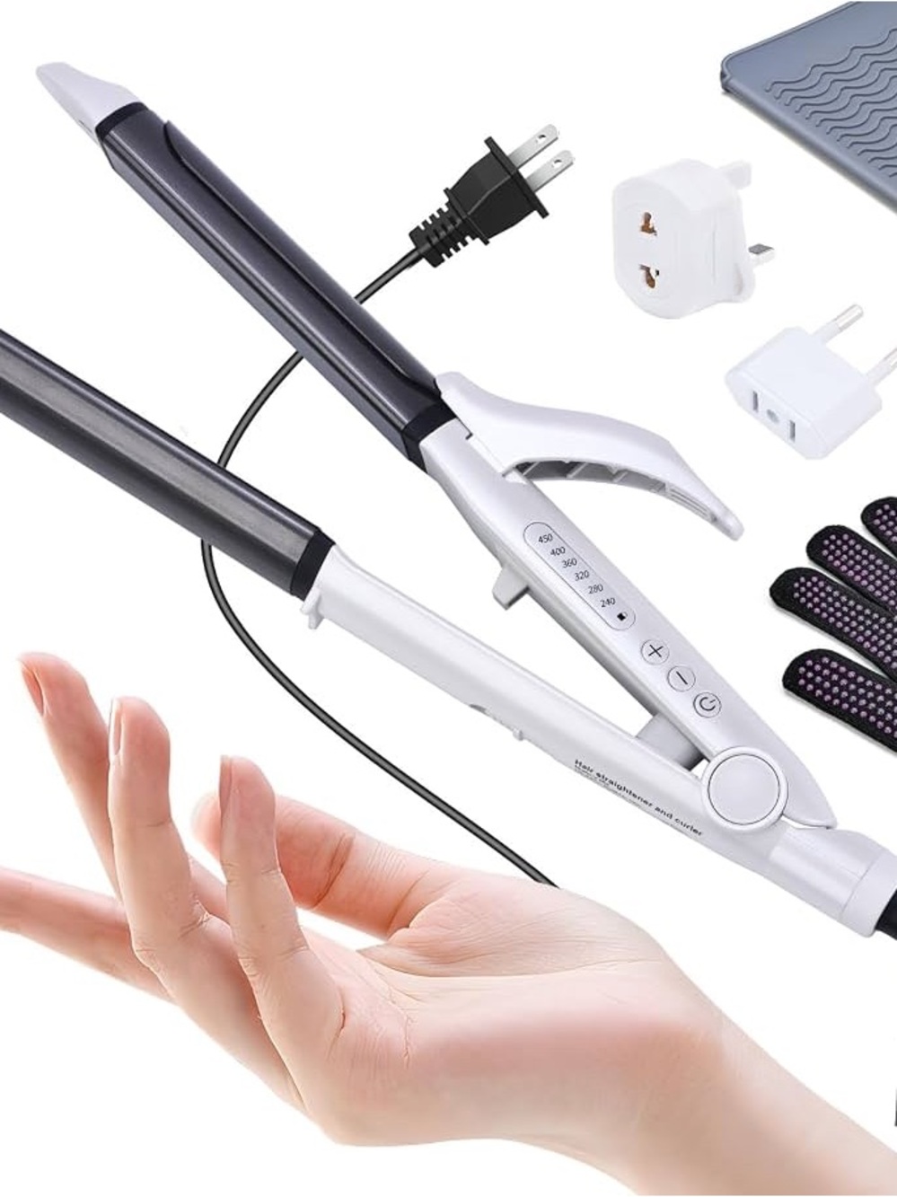 Travel Straightener and Curling iron 110~250V Dual Volt with adapters